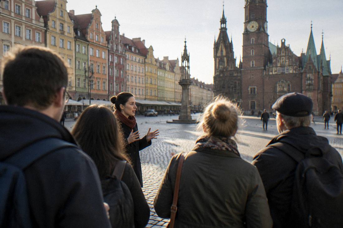 A small group of tourists listening to a guide speaking in a European old town square