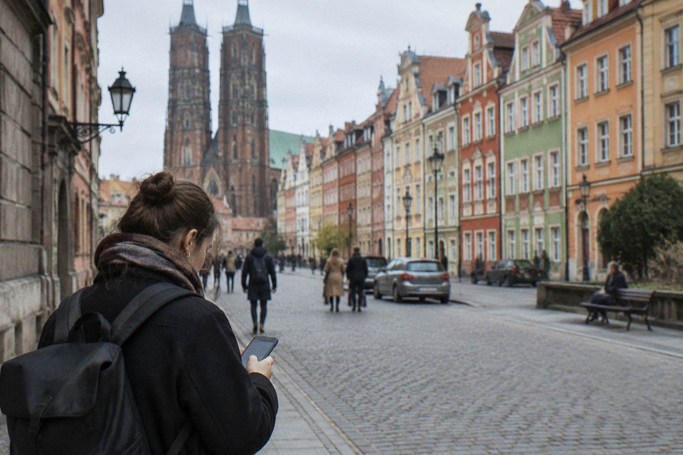 A traveler checking a phone on a Wroclaw street lined with colorful townhouses