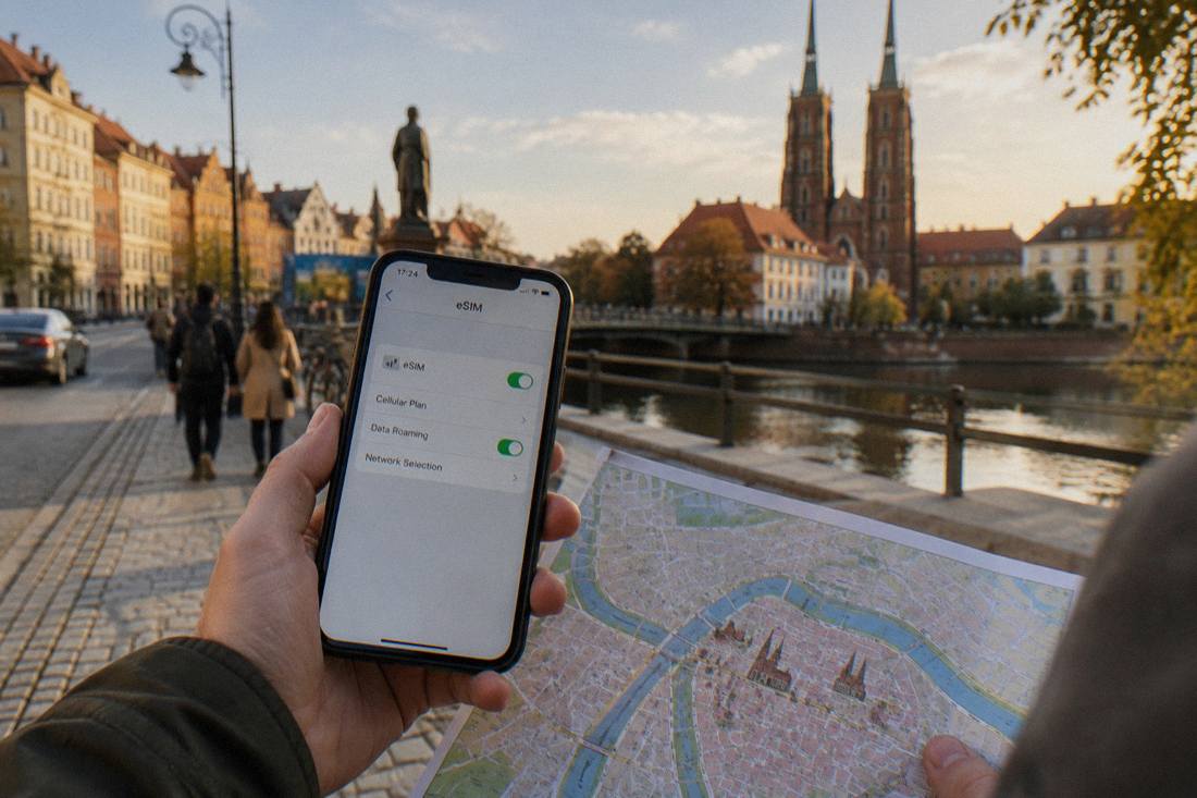 A phone showing an eSIM settings screen held above a map of central Wroclaw
