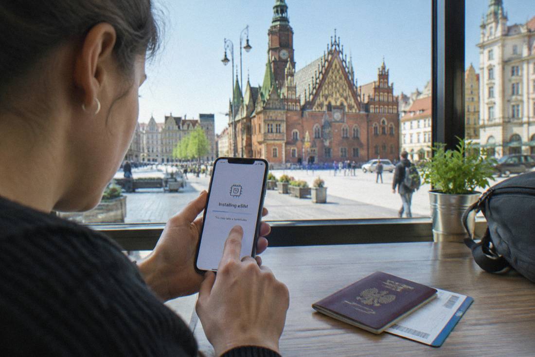 A person installing an eSIM profile on a phone at a desk with a passport and boarding pass