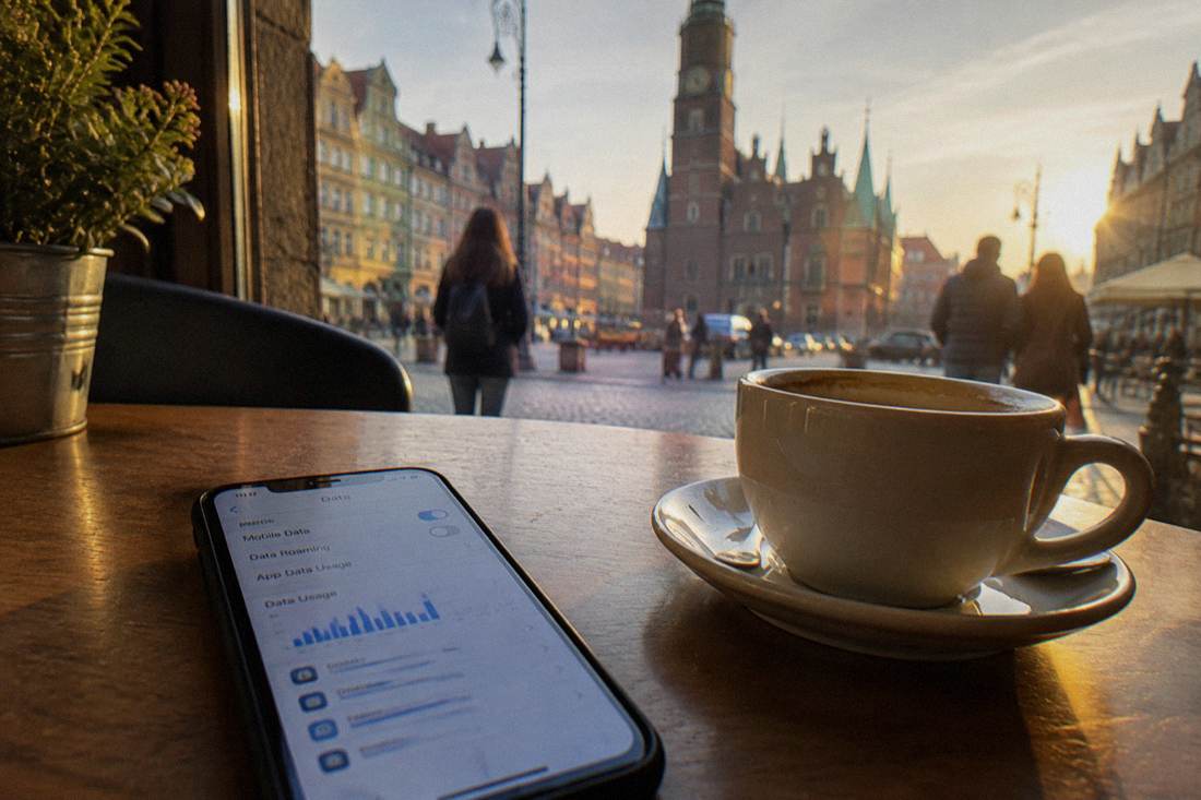 A phone displaying a data settings screen on a table beside a coffee cup in a Wroclaw cafe