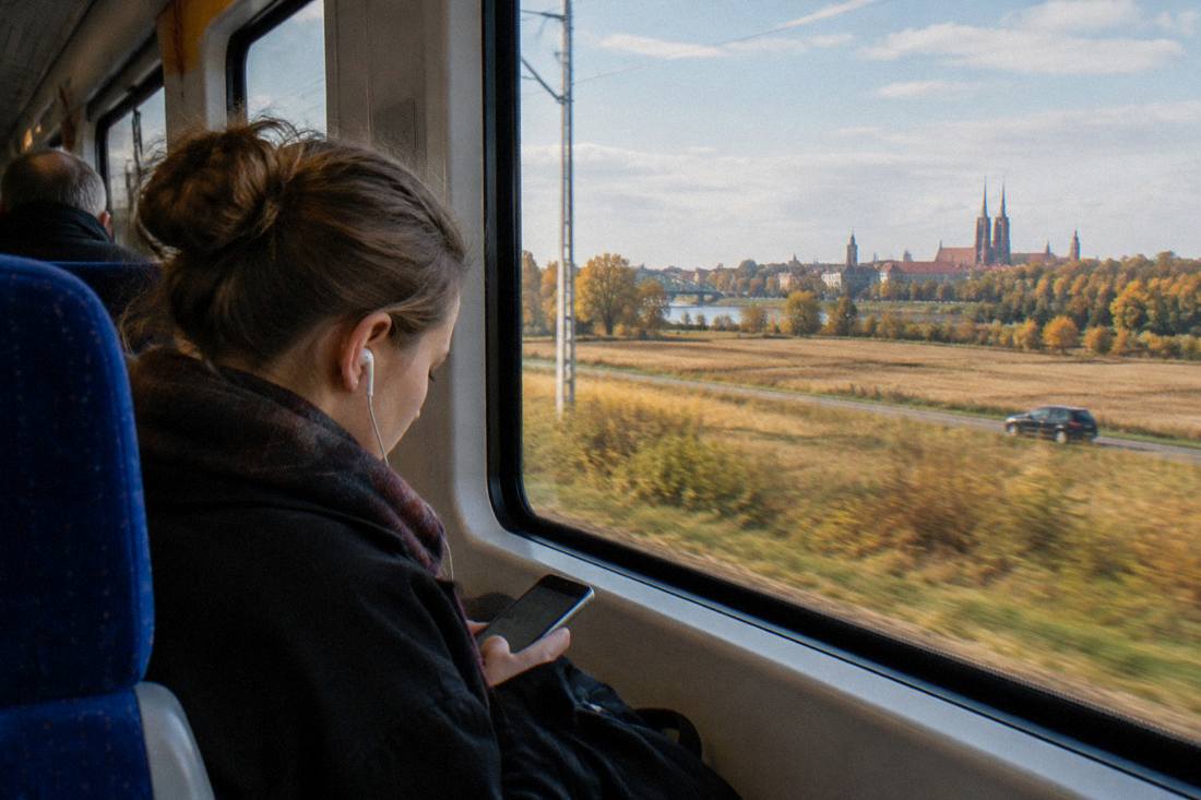 A train passenger looking at a phone with earphones while fields pass outside the window