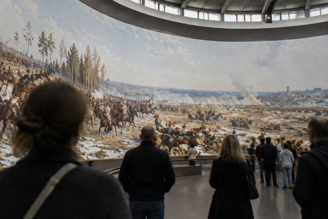 The circular interior of the Panorama Raclawicka rotunda with a painted battle scene wrapping the walls
