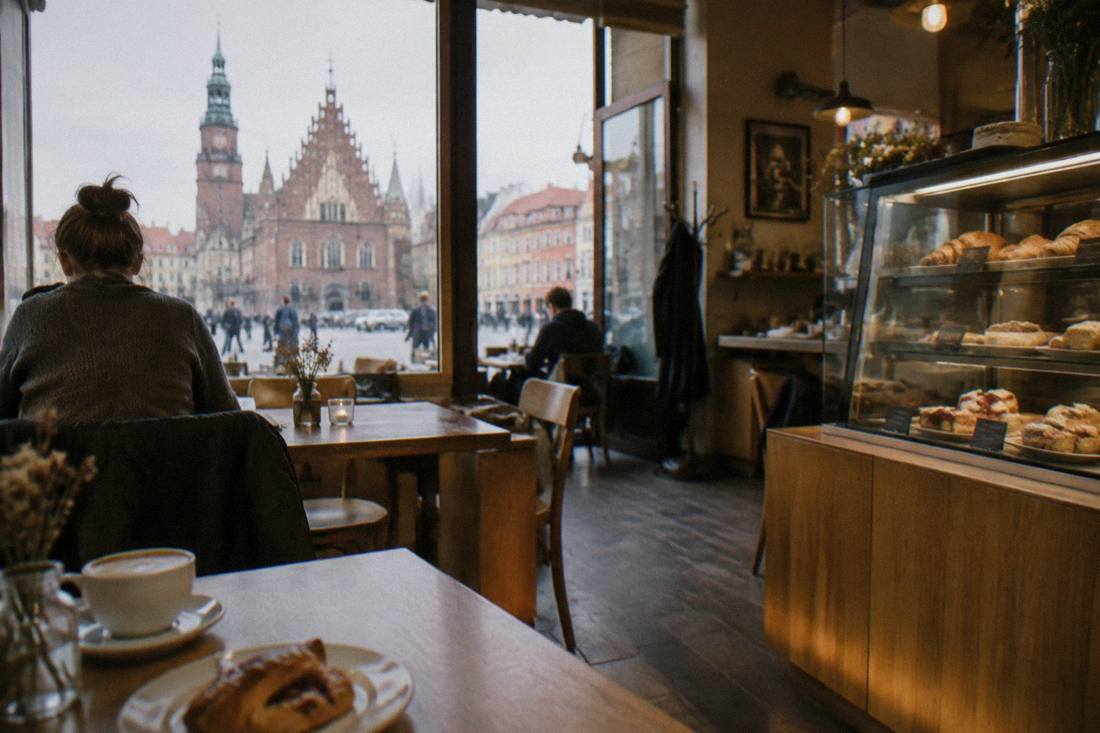 A cozy Wroclaw cafe interior with wooden tables, pastries in a display case and warm lighting