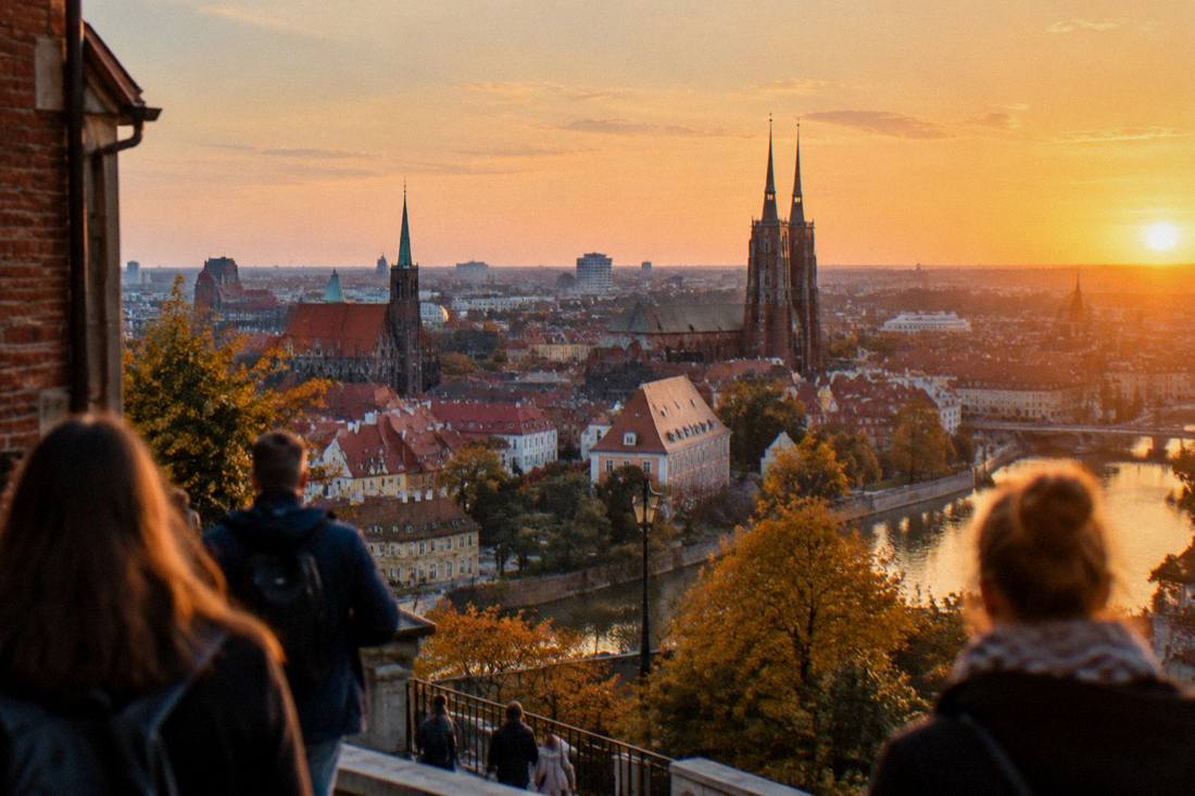 Sunset light over Wroclaw's rooftops and church towers seen from a high viewpoint