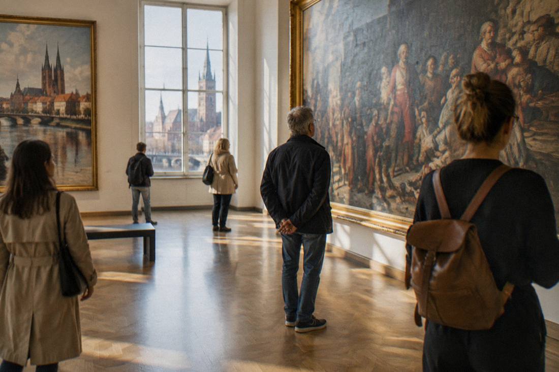 Visitors viewing large paintings in a bright museum gallery