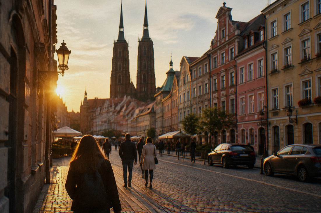 A cobblestone old town street lined with colorful historic buildings and gothic church towers