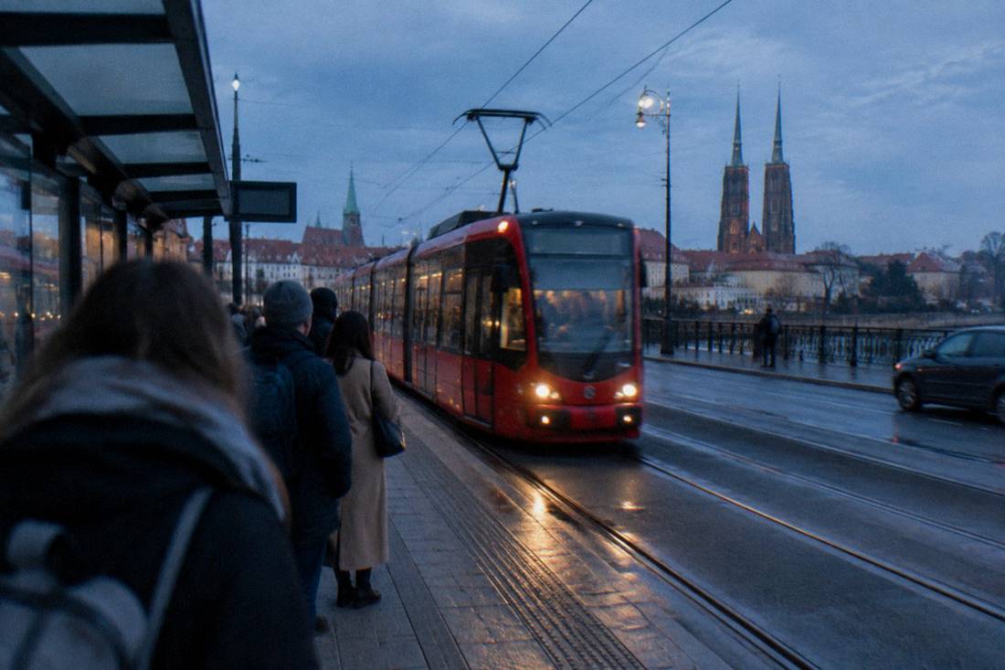 A red tram moving along a city street with passengers waiting at a stop