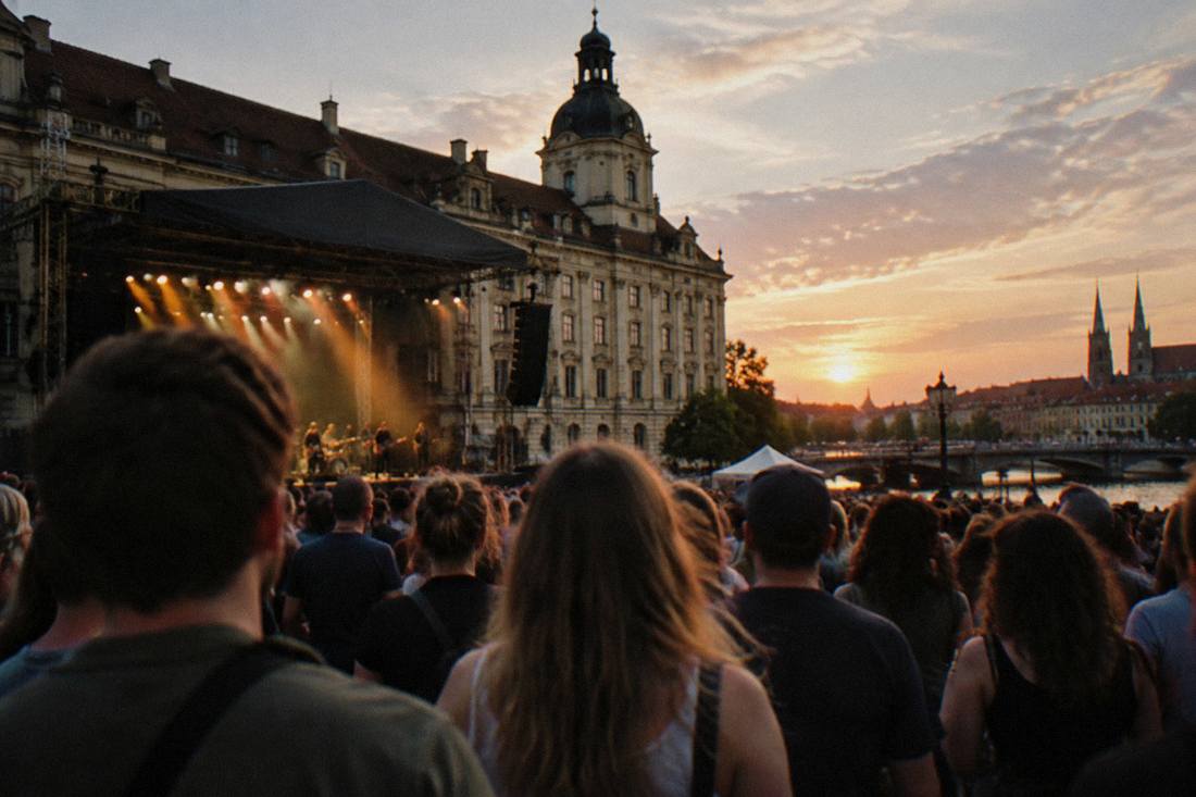 An open-air concert crowd in front of a Wroclaw public building at dusk