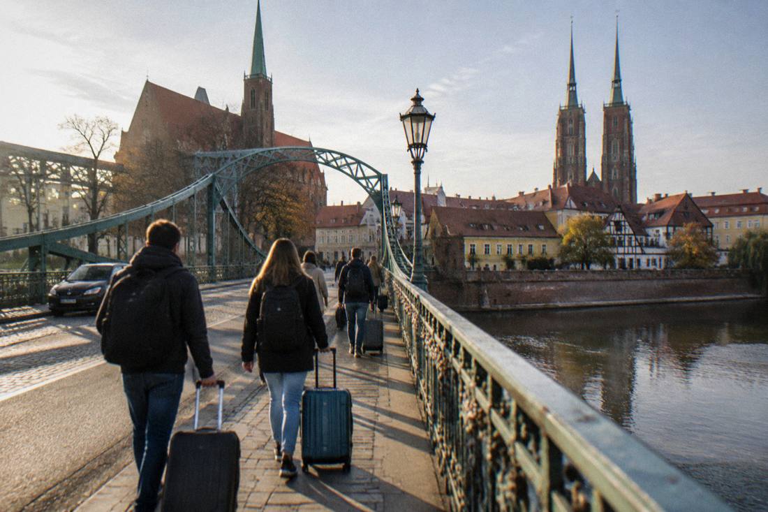 Travelers walking with luggage across a Wroclaw bridge toward the Old Town
