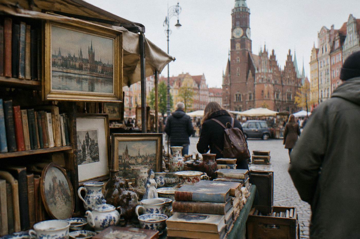 A cluttered secondhand market stall with old books, framed pictures and ceramics under warm morning light
