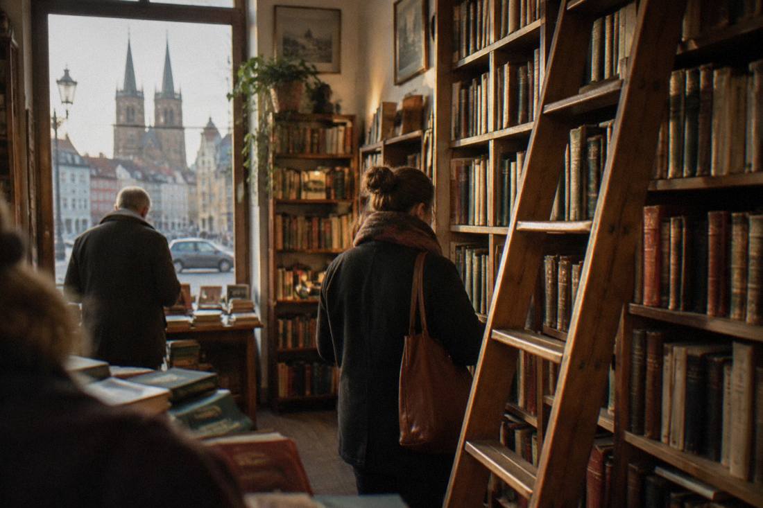 A secondhand bookshop interior with shelves of old hardcovers and a wooden ladder