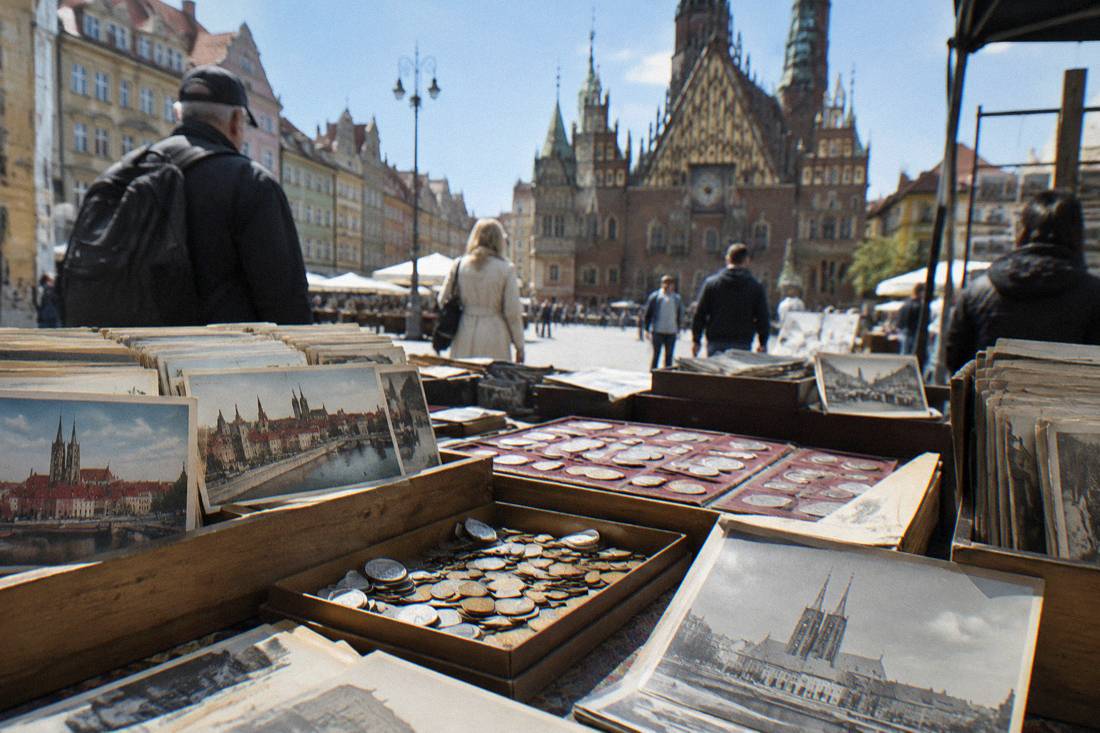 A market stall table covered with vintage postcards, coins and old photographs in boxes