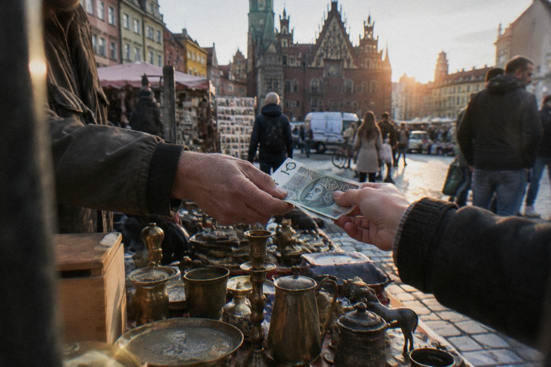 A shopper handing Polish zloty banknotes to a vendor across a table of brass objects