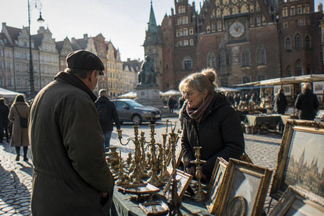 Two people chatting across a market table of old brass candlesticks and picture frames