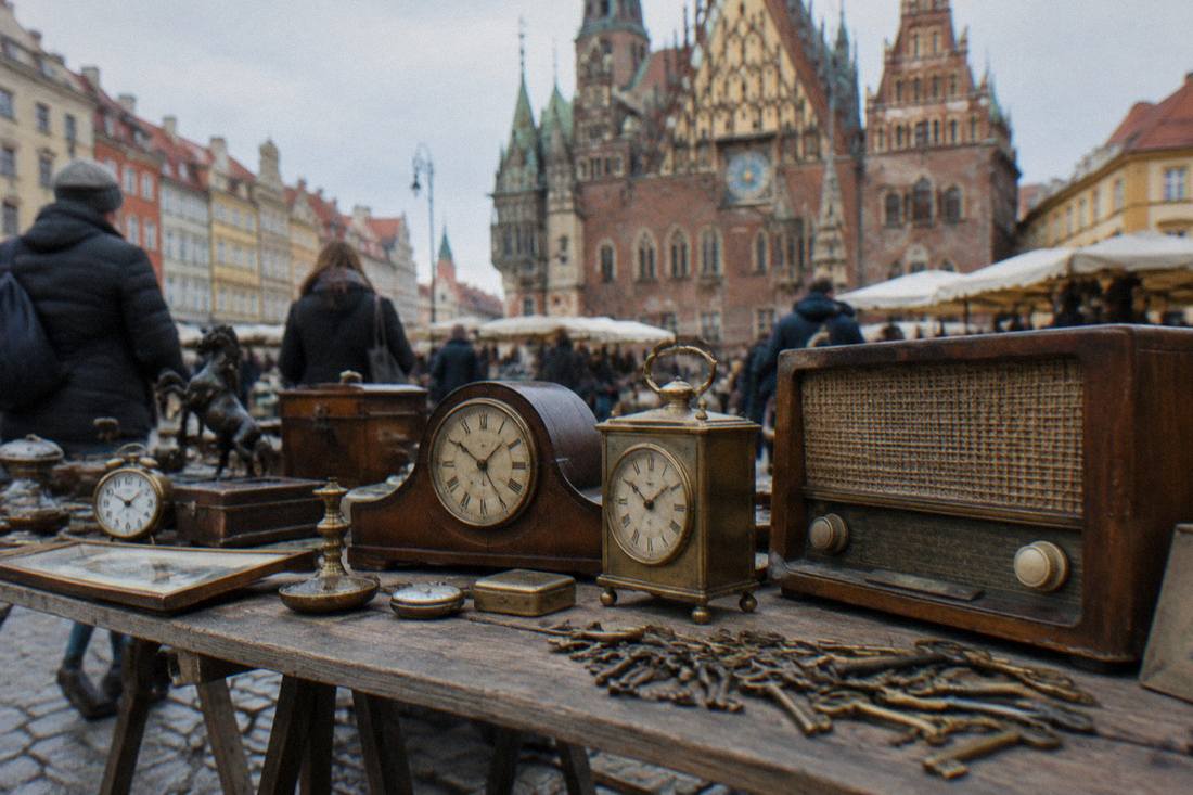 A wooden market table with vintage clocks, an old radio and scattered brass keys