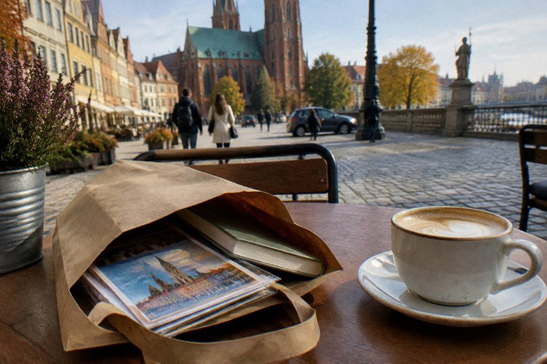 A paper bag holding wrapped postcards and a small book on a cafe table beside a coffee cup