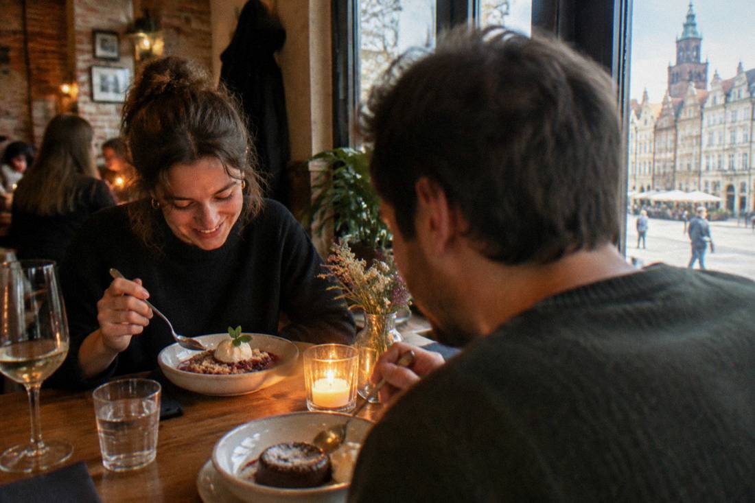 Two people sharing dessert at a candlelit table in a cozy restaurant interior