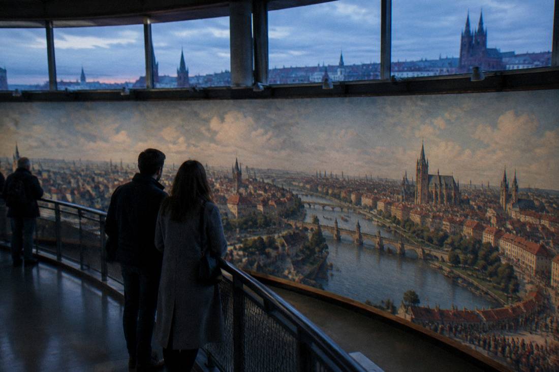 A couple admiring a giant curved painting from a viewing platform inside a rotunda
