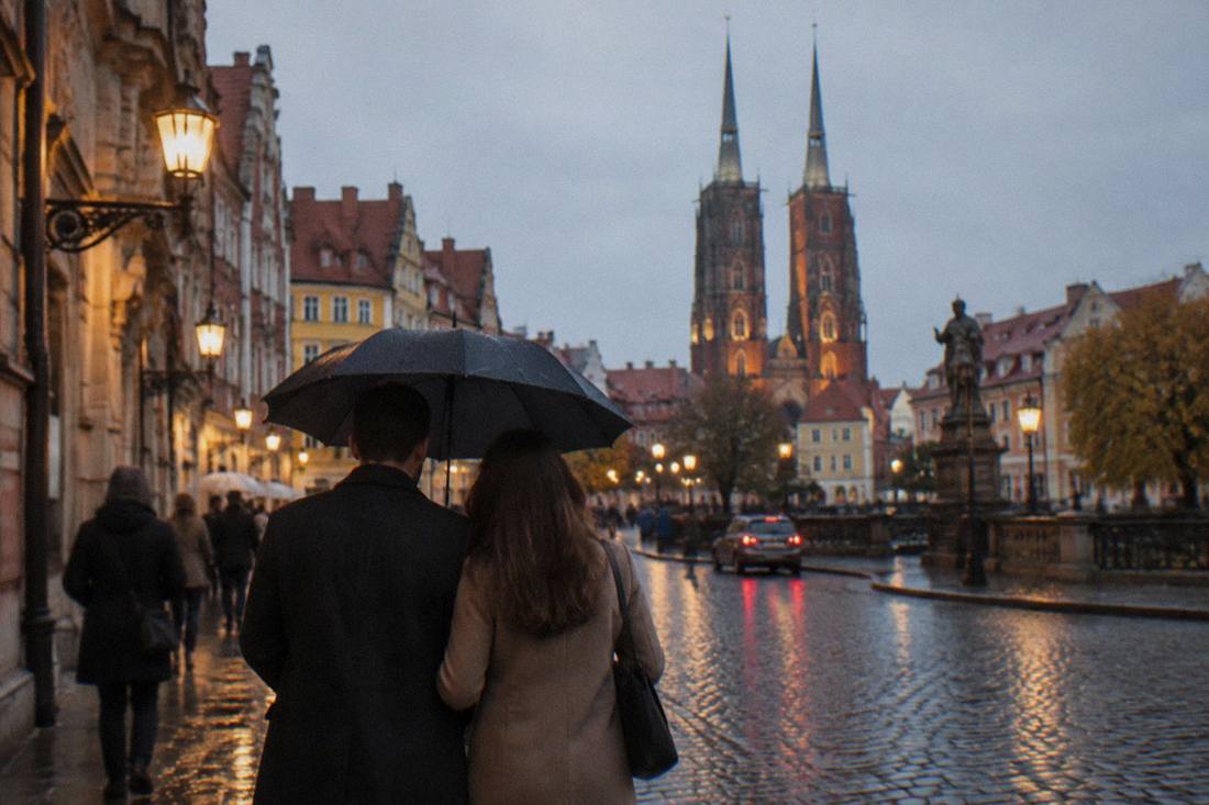A couple sharing an umbrella on a cobbled street lightened by evening lanterns