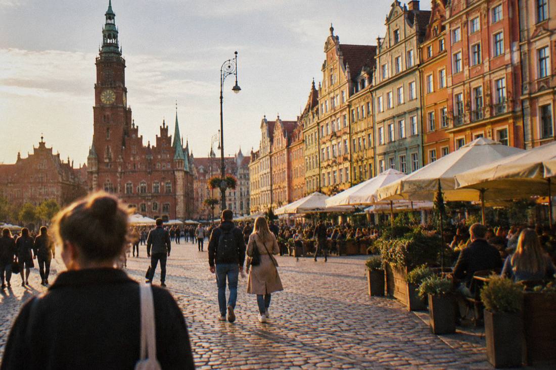 Colorful townhouses and cafes lining the Wroclaw market square on a weekday