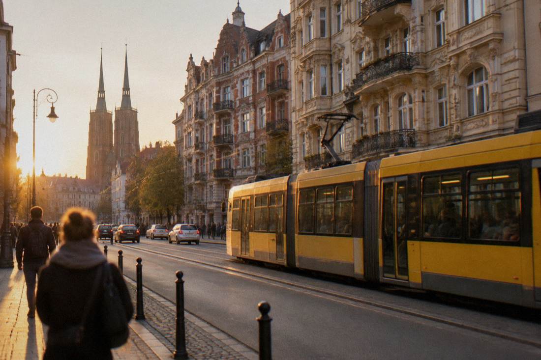 A yellow tram passing ornate apartment buildings on a street in central Wroclaw