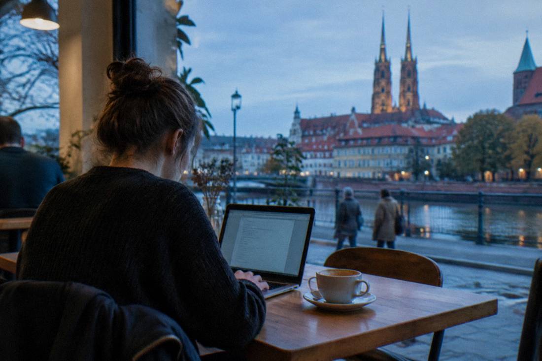 A person working on a laptop at a wooden table in a bright Wroclaw cafe with a coffee beside them