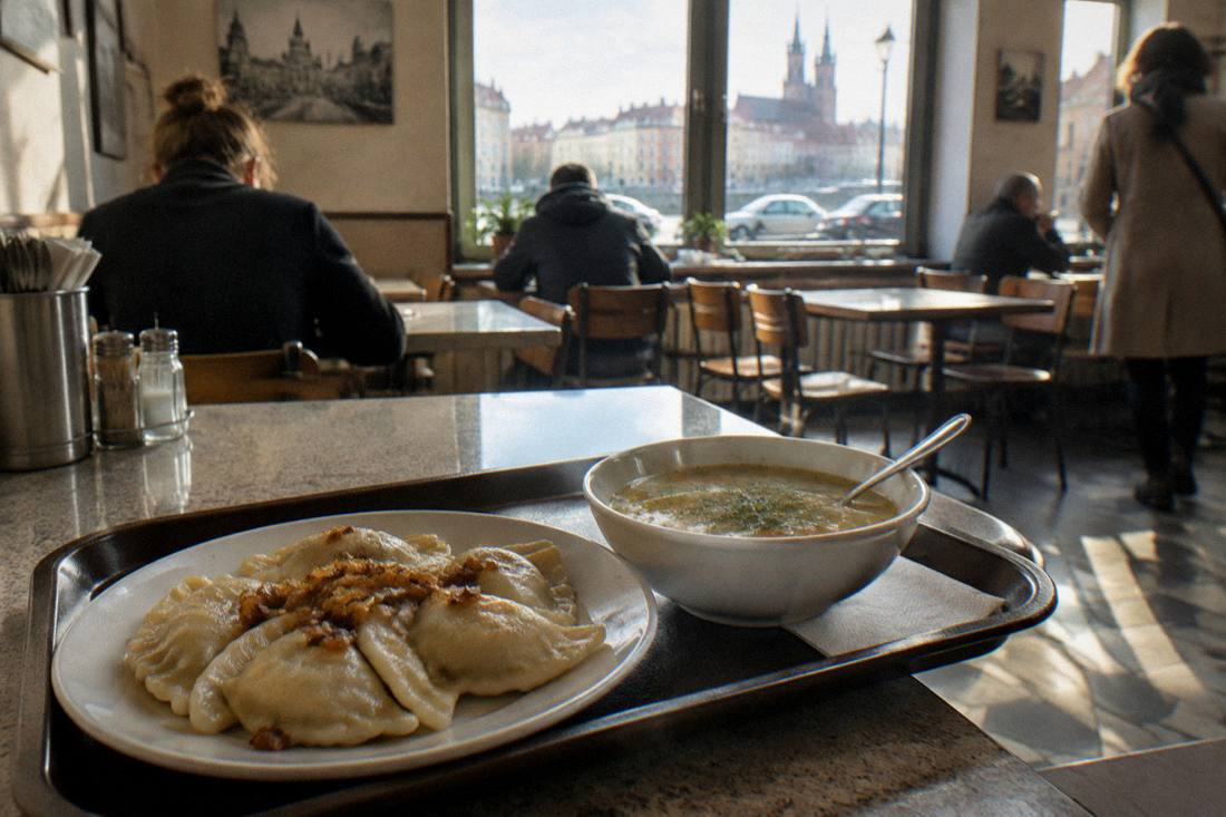 A tray of pierogi and soup on a counter in a simple Polish milk bar restaurant