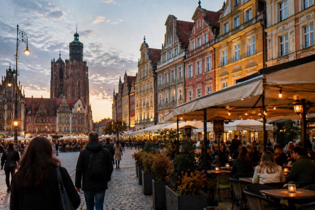 Illuminated townhouses and outdoor tables on the Wroclaw market square at dusk