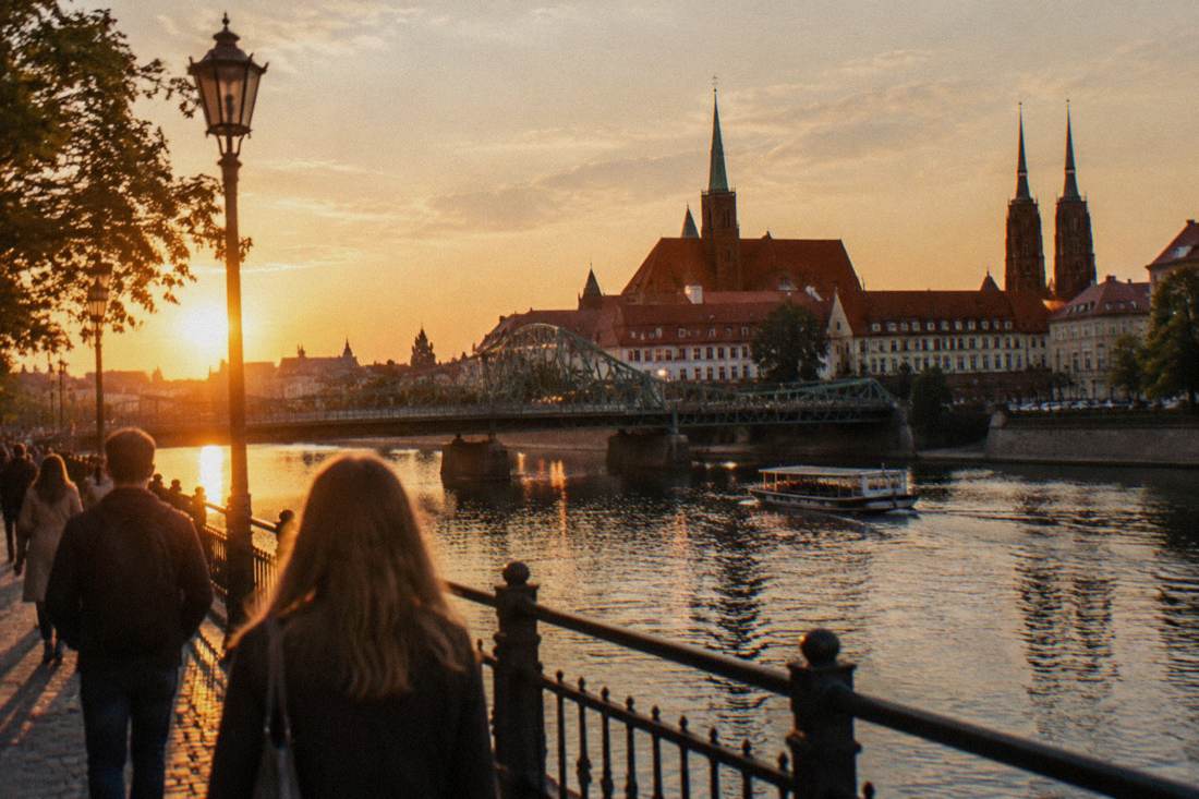 Evening light on the Odra river bridges near the Wroclaw old town