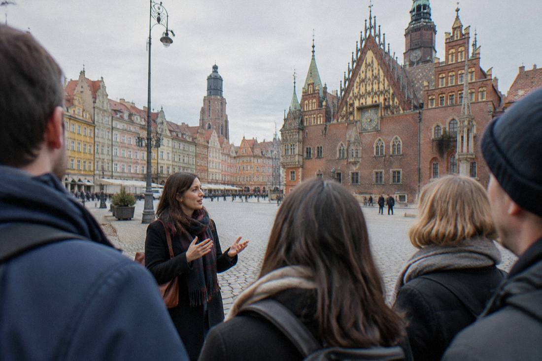 A tour guide speaking to a small group of visitors in a cobblestone square of Wroclaw's old town