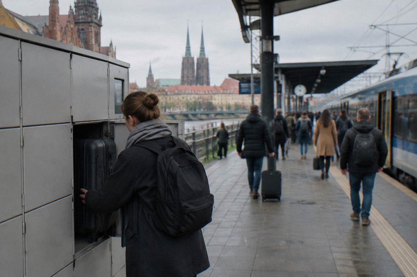 A traveler placing a suitcase into a luggage locker beside a busy railway platform in Wroclaw