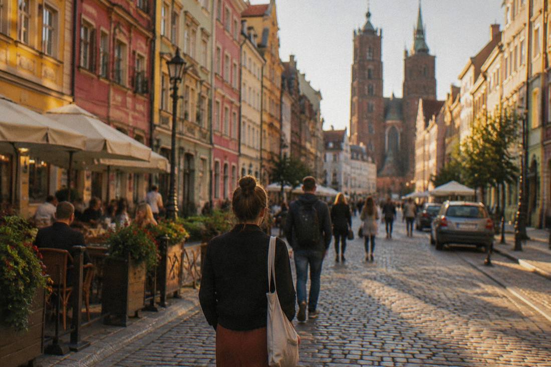 Cobblestone street in Wroclaw Old Town lined with colorful townhouses and outdoor tables