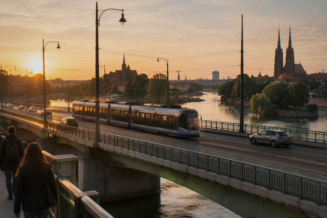 A modern tram crossing a bridge over the Odra river in central Wroclaw