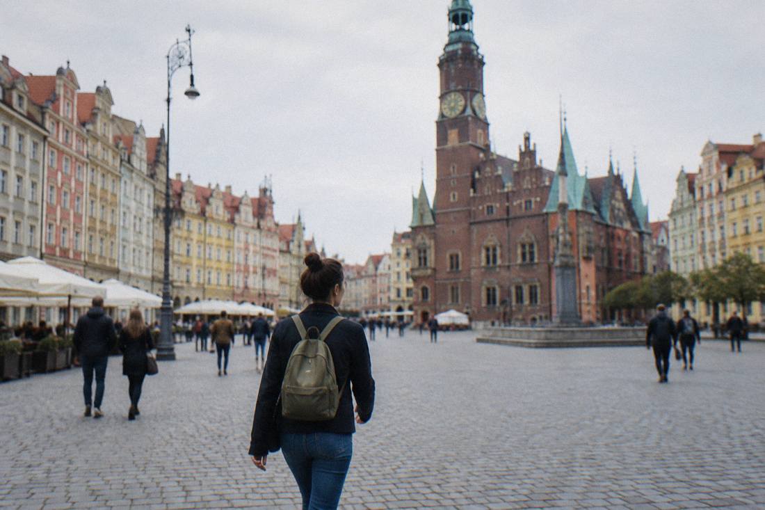 A traveler walking freely across Wroclaw Market Square carrying only a small daypack