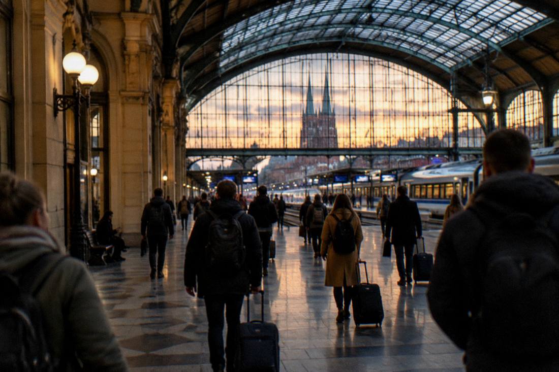 Wroclaw Glowny station hall with travelers moving toward platforms under a glass roof at dusk