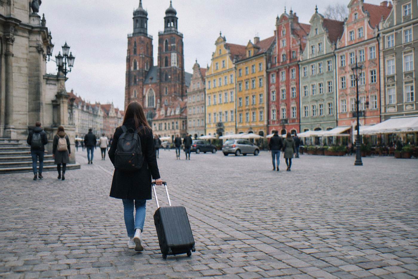 A traveler pulling a suitcase across a cobblestone square lined with colorful townhouse facades