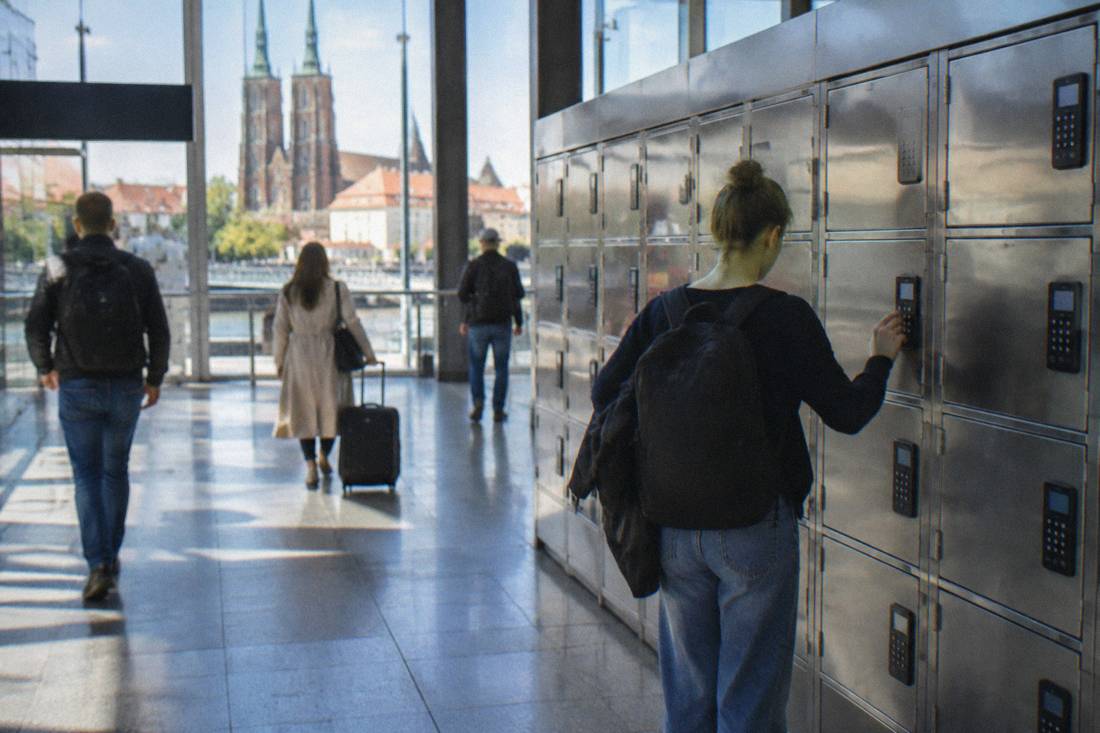 Rows of metal storage lockers with electronic keypads in a bright station hallway
