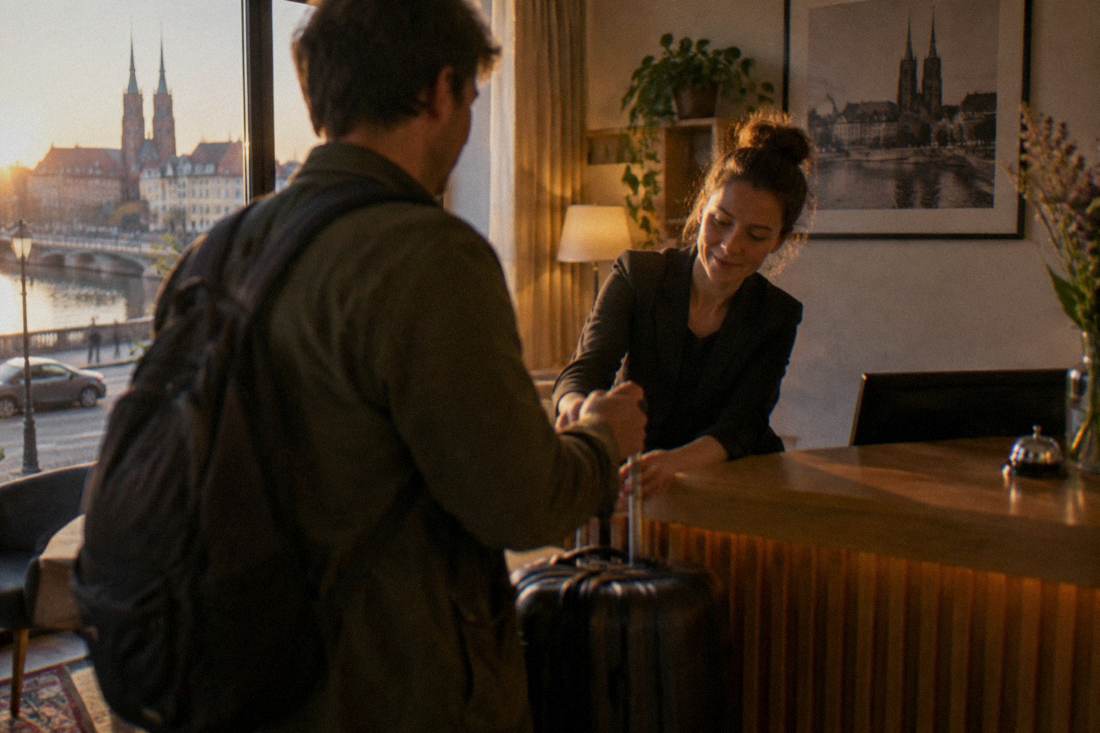 A receptionist taking a suitcase from a guest at a small hotel front desk