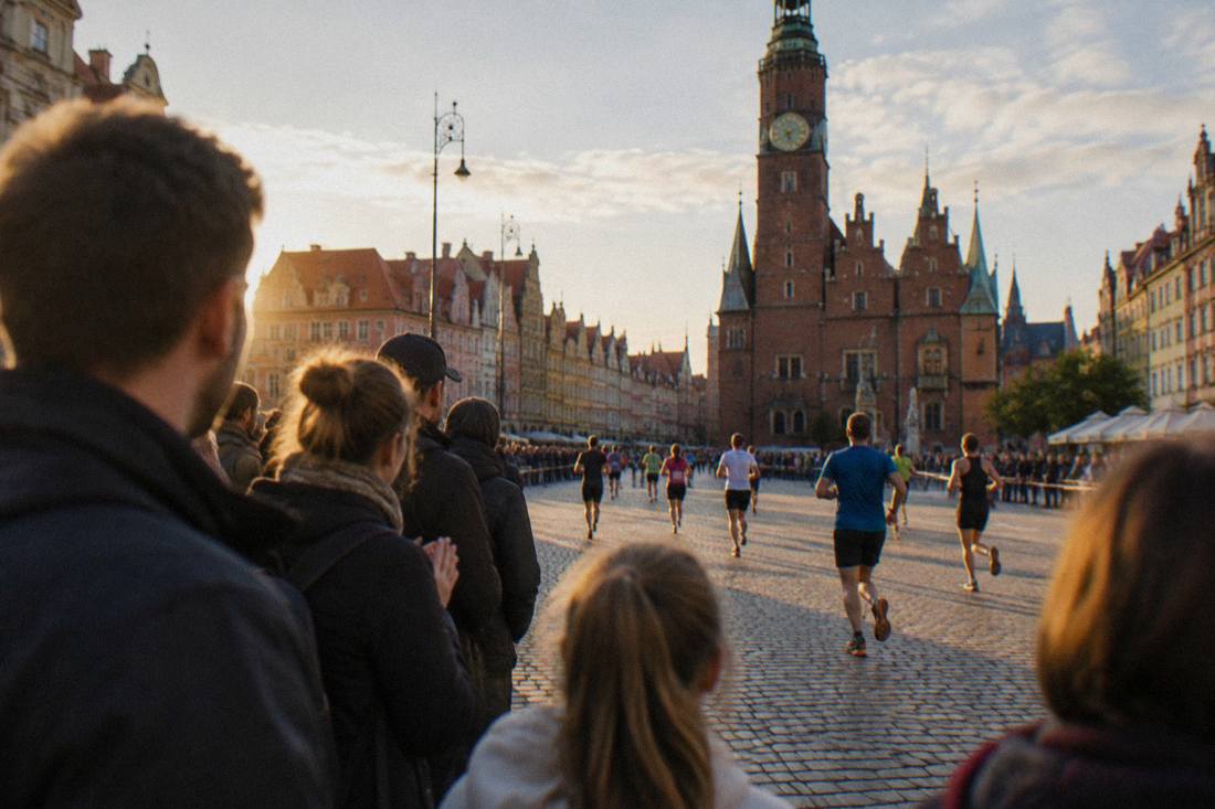 Spectators lining a wide square in the Wroclaw old town waiting for runners to pass.