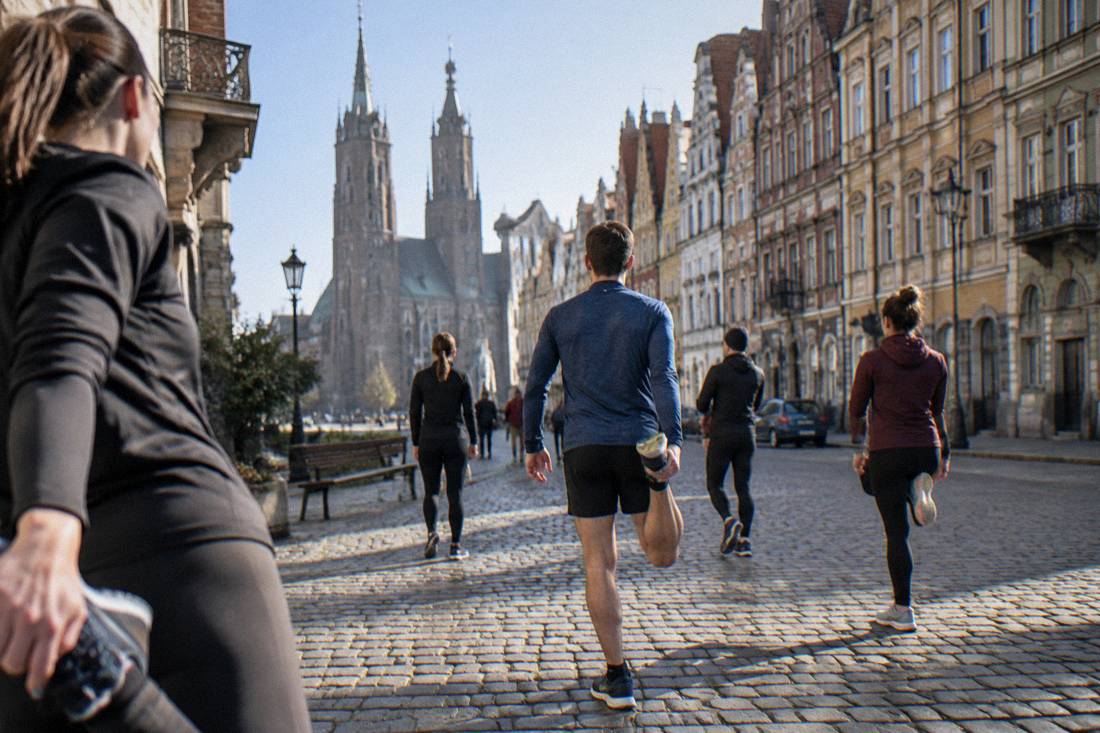 Runners warming up on a cobbled street in the Wroclaw old town in early morning light.