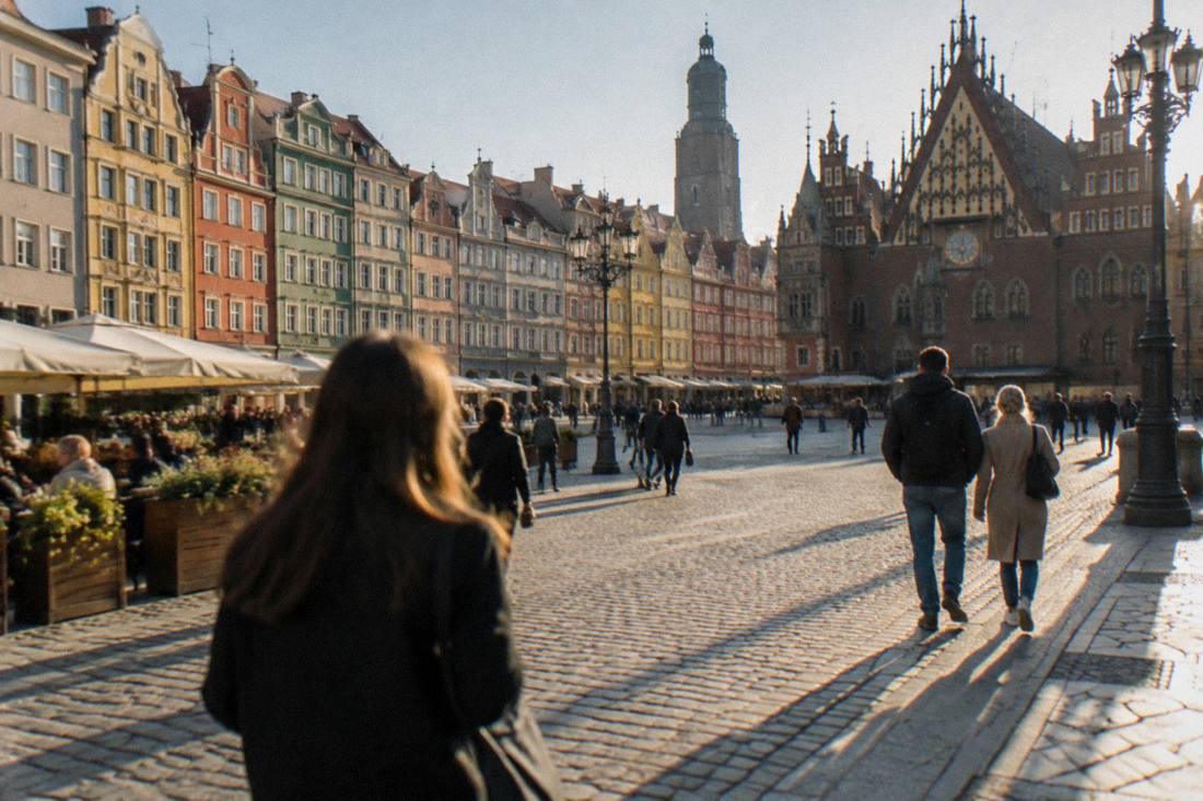 Two historic city squares compared in style, people walking past colorful burgher houses.