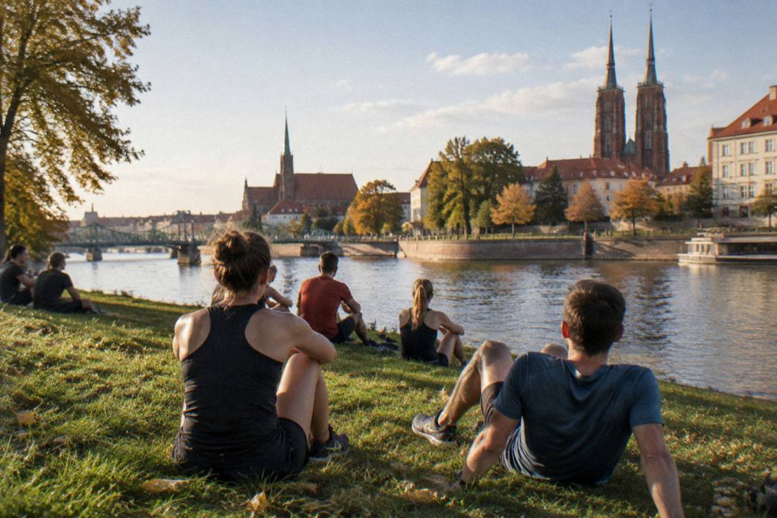 Runners relaxing on a riverside lawn on an island in the Odra in Wroclaw in late afternoon sun.