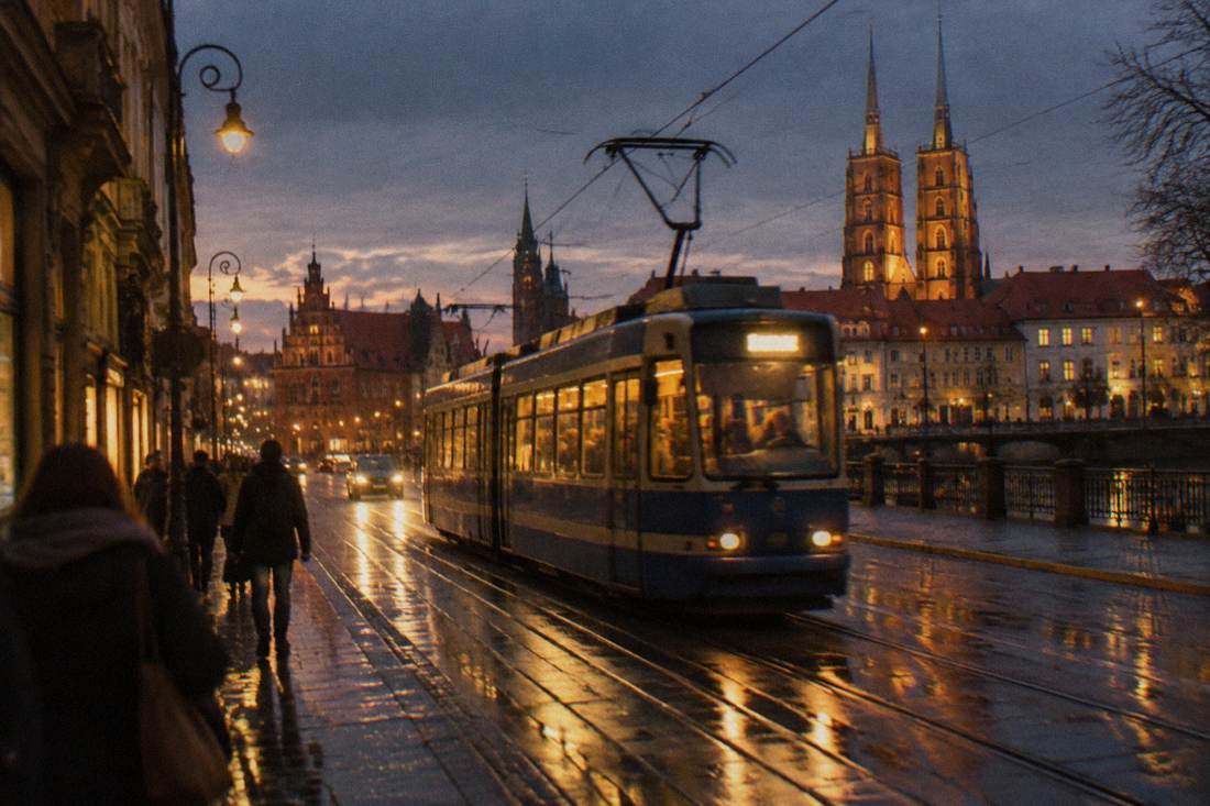 A tram moving along a wet city street at night with lit windows behind it