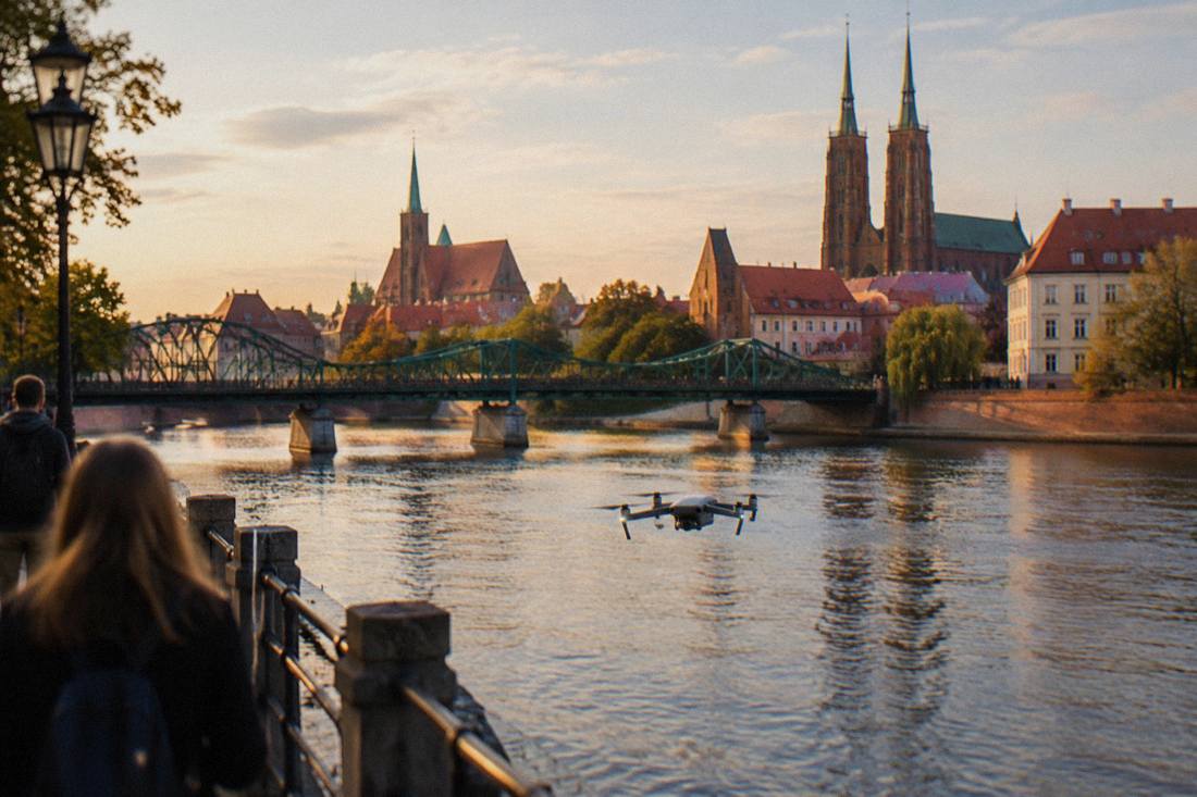 A small camera drone hovering low over the Odra river with Wroclaw's bridges and old town rooftops in the background