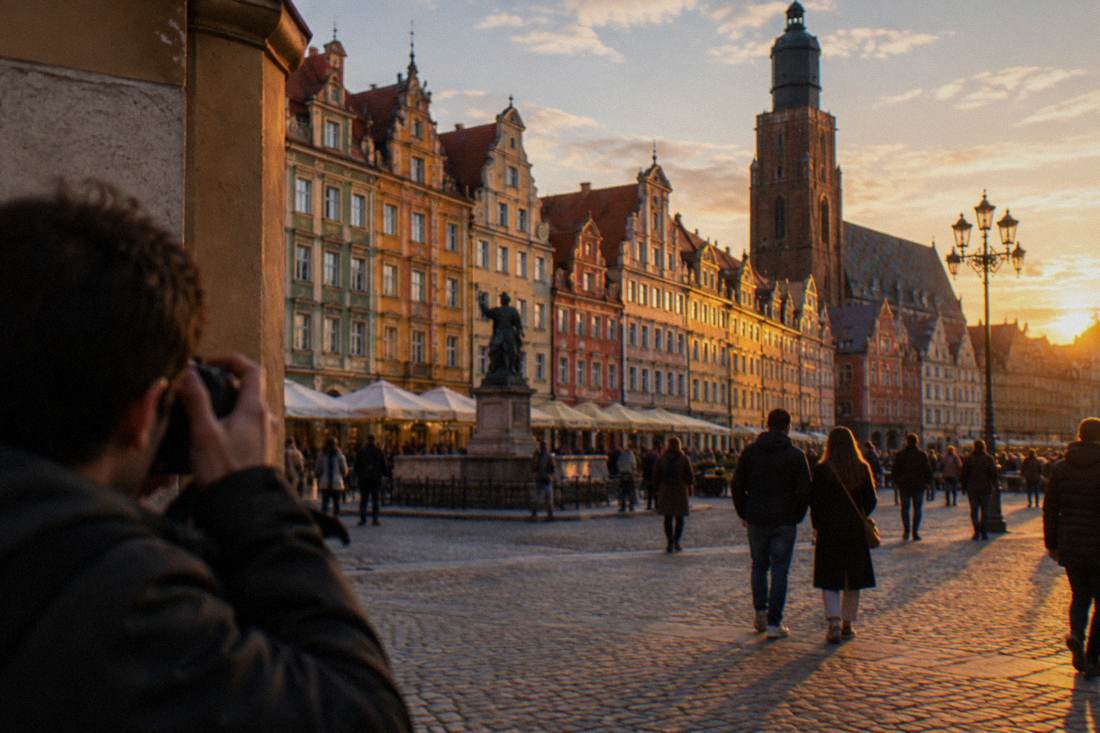 Golden hour light on the painted facades of the Wroclaw market square with a photographer framing the shot from the corner
