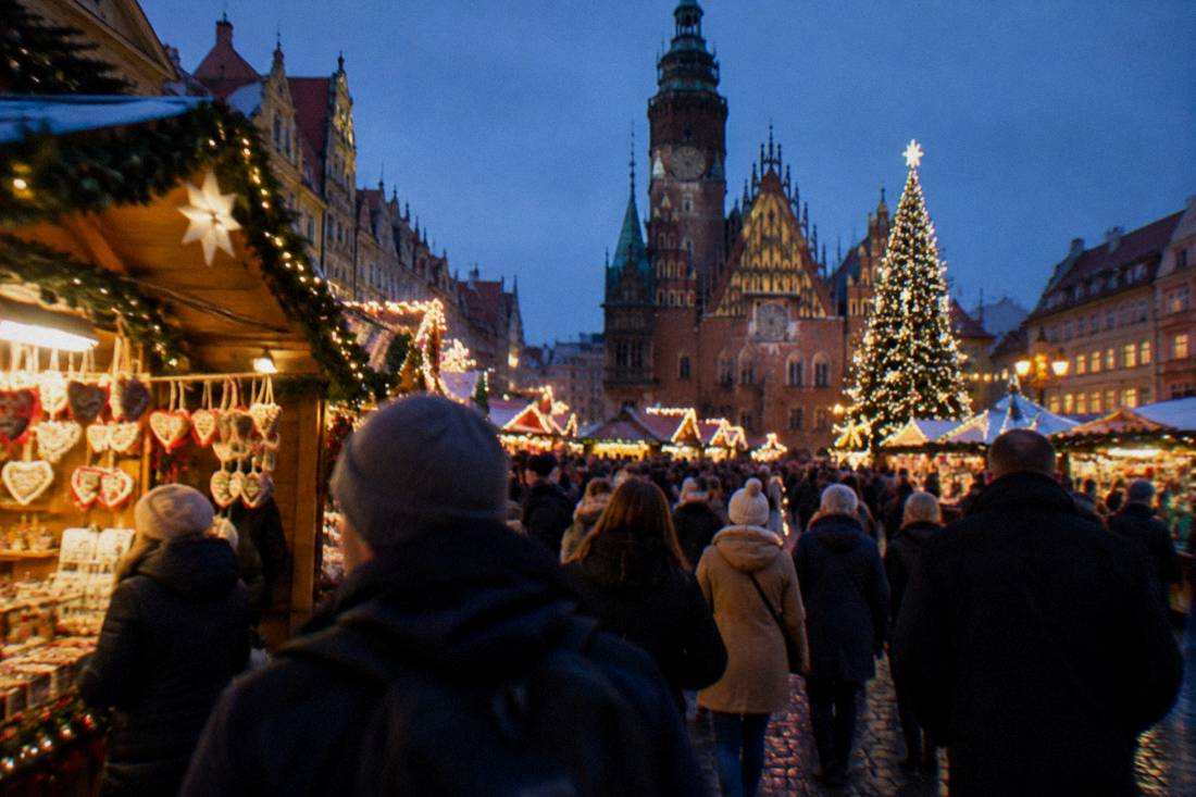 A crowded Wroclaw Christmas market on the market square at night with a photographer weaving through lit stalls