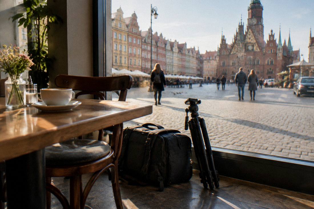 A camera bag and tripod set down beside a Wroclaw cafe table with the market square visible through the window