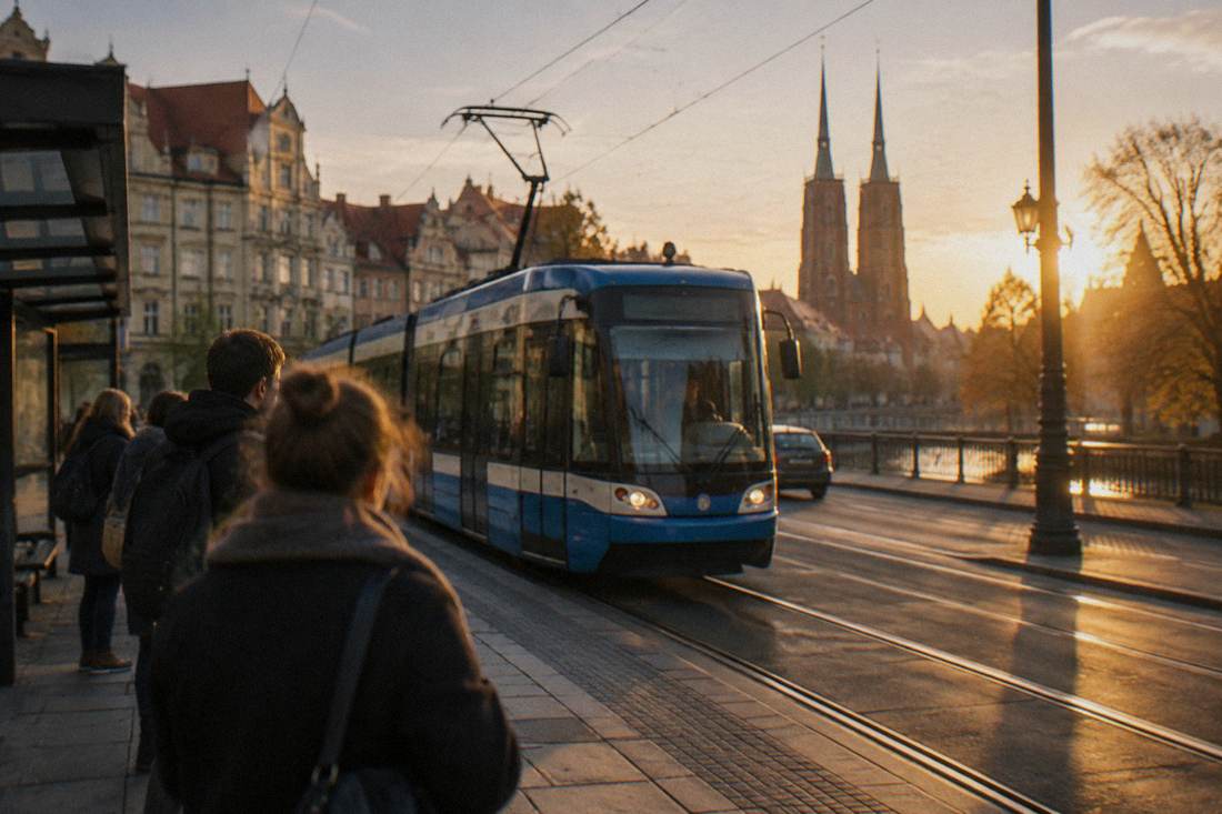 A tram moving along a Wroclaw street with passengers waiting at a stop