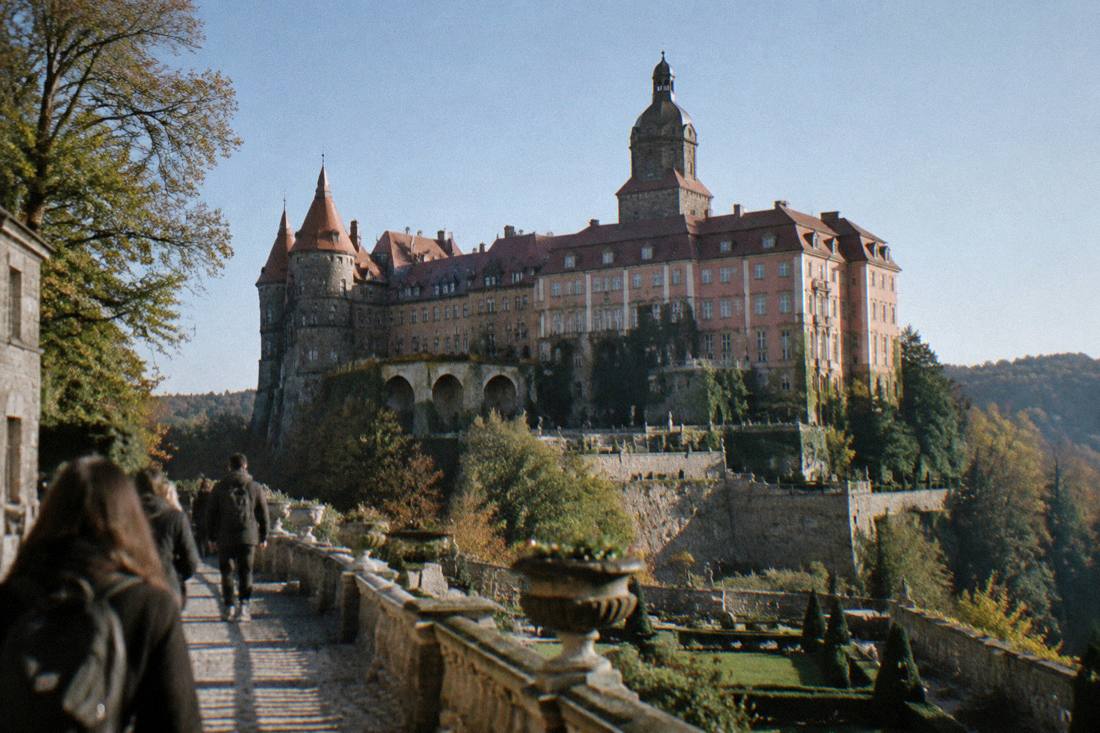 Ksiaz Castle rising above its terraces and gardens in Lower Silesia on a clear day